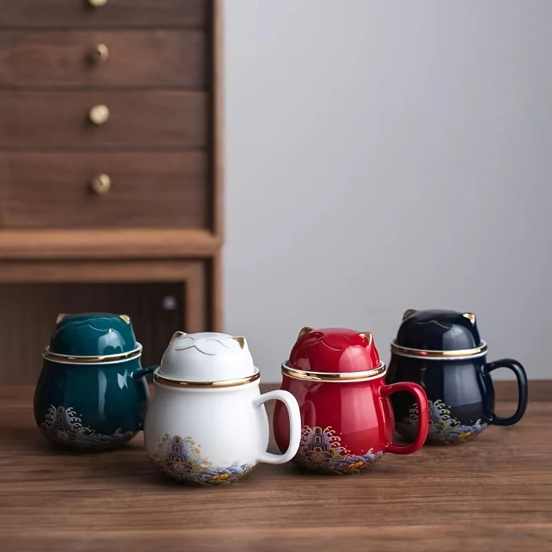 Lucky Cat Ceramic Office Cup Tea Water Separation Cup with Lid Filter Tea Cup Coffee Cup Animal Shape