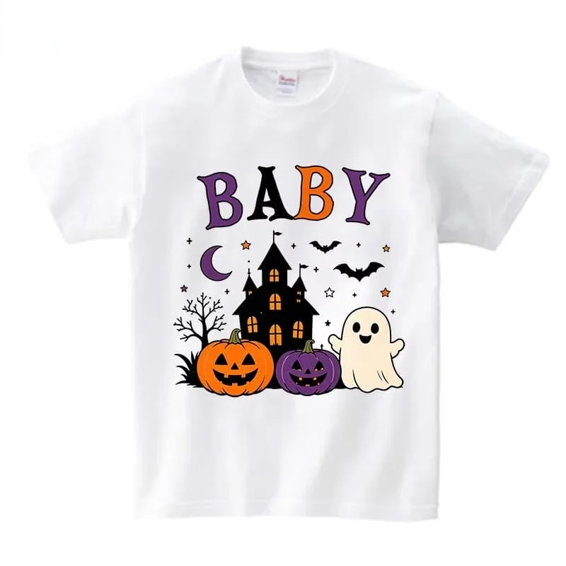 Halloween Family Matching Outfits Baby T‑Shirt Cute Ghost Pumpkin Castle Bat Moon Print Kids Short Sleeve Tee Party Family Tops