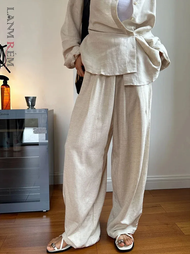 

[LANMREM] Drawstring Design Linen Sunscreen Women's Pants High Wait Wide Leg Trousers Korean Clothing 2024 Summer New 26D9200