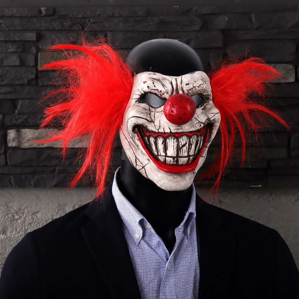 Skręcony metalowy słodki ząb Joker maska Cosplay krwawa pół twarzy klaun maski lateksowe Halloween karnawał Purim kostium imprezowy rekwizyty