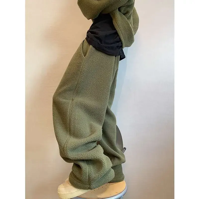 Large Size Men's Winter Warm Brushed Thick Military Green Pellet Fleece Straight Thick Sweatpants Casual Pants