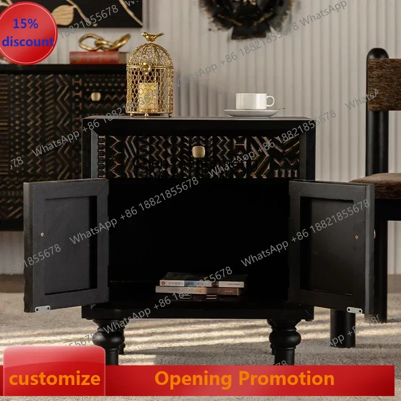 

smt7486 lt French black retro bedroom bedside table shelf living room sofa, antique storage cabinet against the wall ss 7486