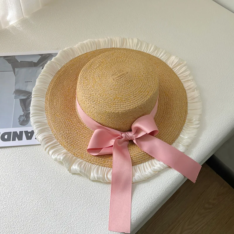 Ladies' Sun Hats Bow Silk Ribbon Flat Top French Simple Elegant Large Brim Summer Sun Shading Beach Vacation Sun Hats For Girl