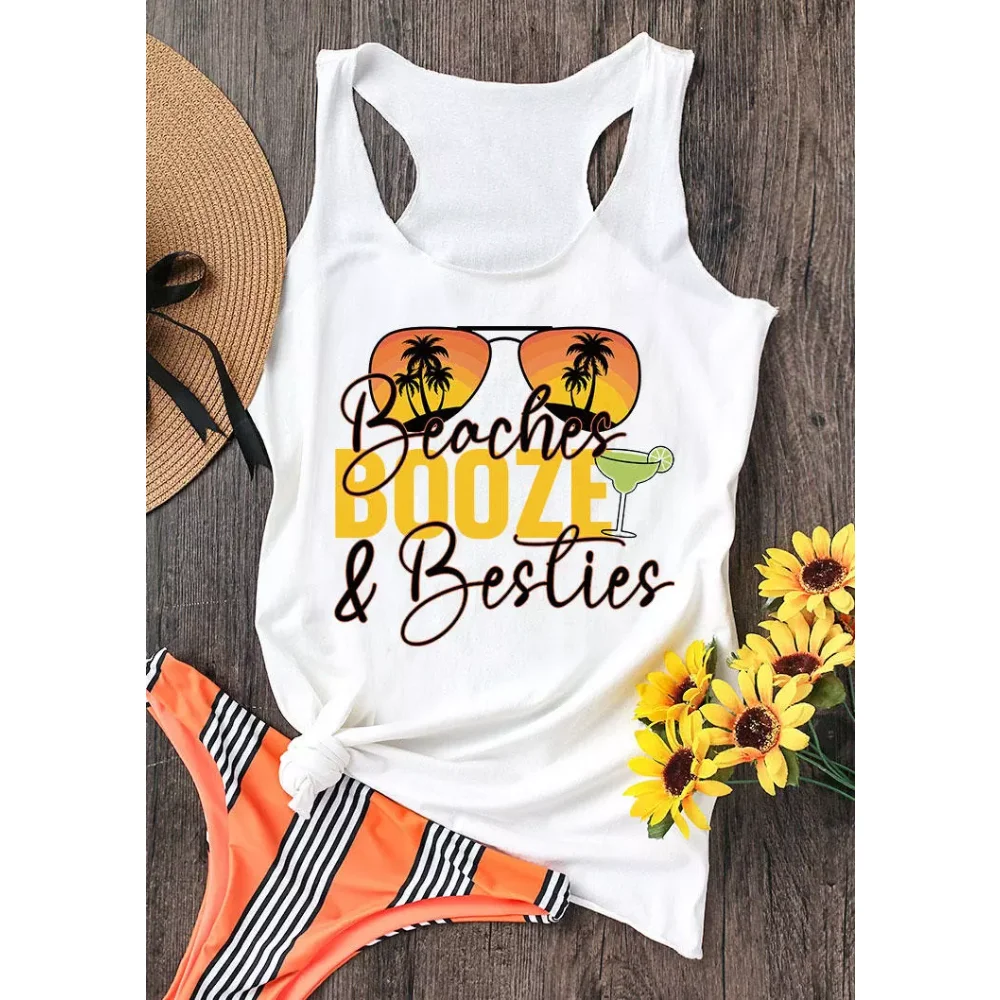 Rheaclots Women's Beaches Booze & Besties Sunglasses Racerback Printed Casual Tank Top