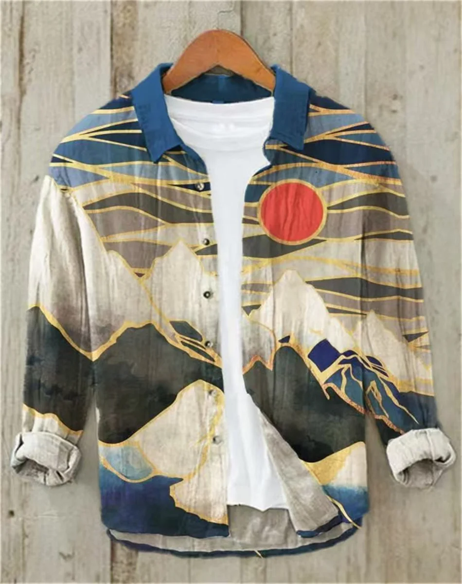 Men's long-sleeved shirt linen shirt retro print a group of small fish shirt casual loose high-quality men's clothing