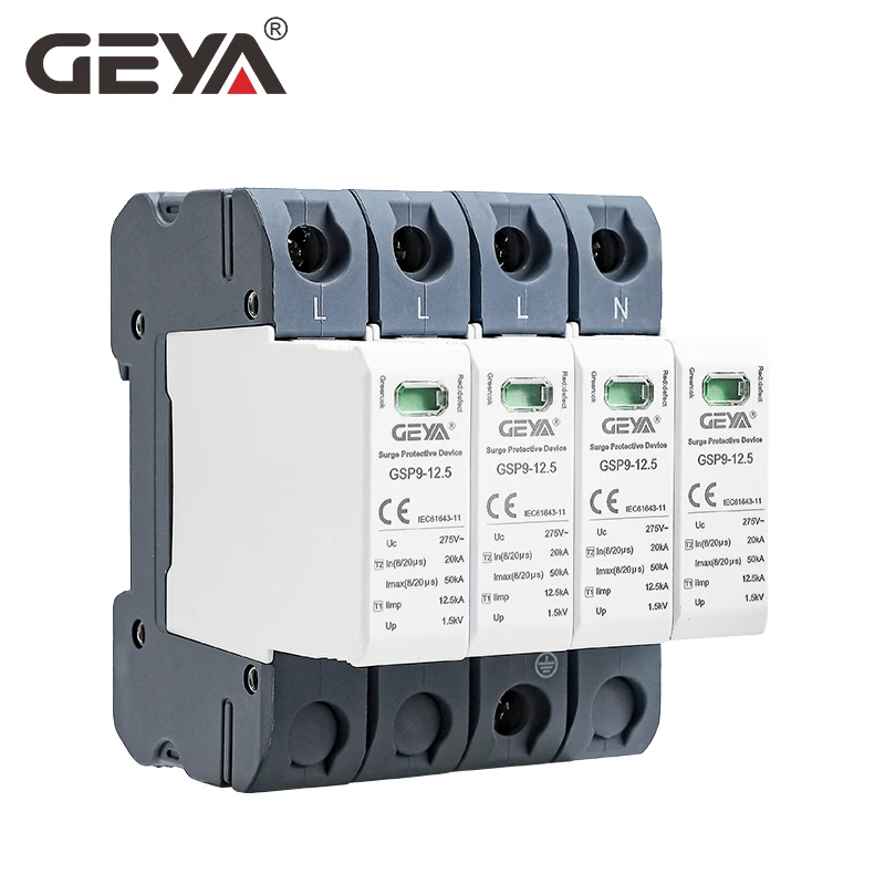 GEYA GSP9 12.5KA T1+T2 SPD 4P 3P+NPE Surge Protector 275VAC Limp:7/12.5KA Low Voltage Arrester Device SPD