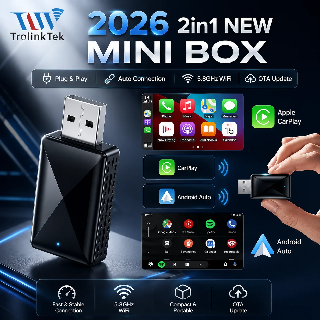 Dongle 2in1 Wireless CarPlay Wireless Android Auto Adapter AI Smart Box For Car With Wired CarPlay Car Intelligent Systems
