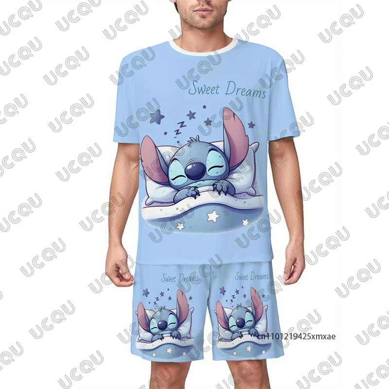 

Summer 2025 New Men's Suit Disney Stitch Printed Short Sleeve T-shirt+Shorts Suit Casual Home Sets 2 Piece Outfit Male Clothes