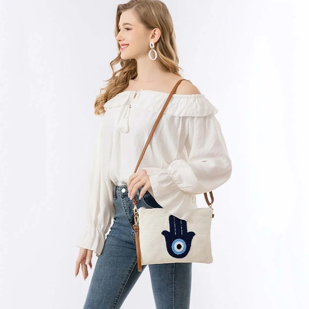 Embroidered Demon Eye Crossbody Bag Detachable Shoulder Strap PU Rope Blue Eye Handbag Soft Palm Pattern Cotton Shoulder Bag