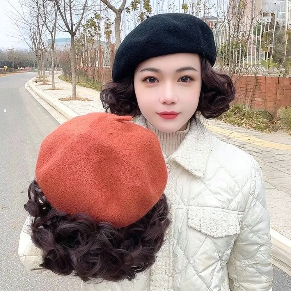 Trendy Beret Hat With Synthetic Short Curly Hair Wig Natural Style Hairpiece For Women Fall Winter Wear
