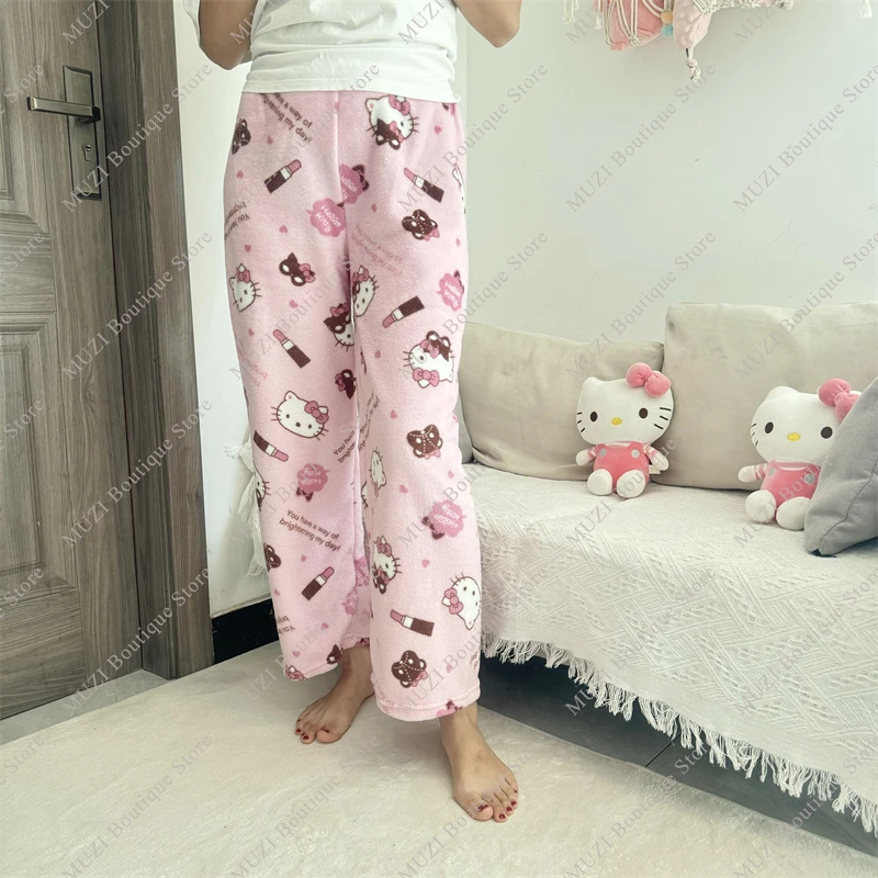 Sanurgente-Pantalon Hello Kitty pour femme, pyjama de dessin animé mignon, velours élastique doux, FJM confortable, pantalon pour la maison, cadeaux