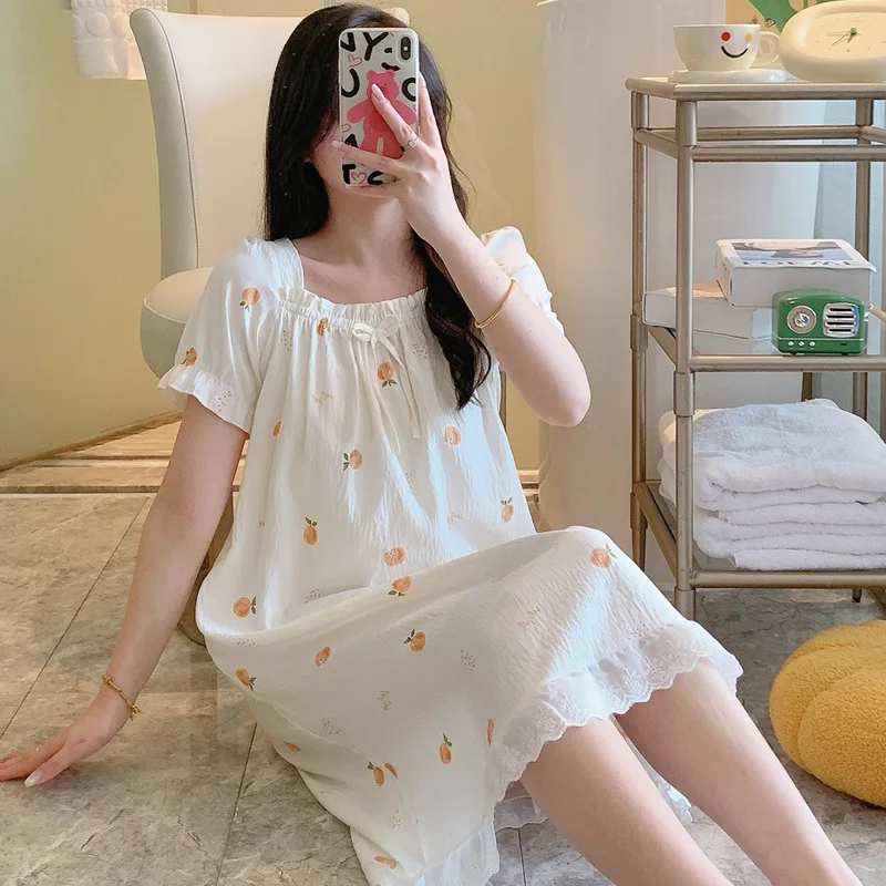 

Summer New Women's Cute Little Fresh Short-Sleeved Nightgown Girls in the Long Section of the Student Nightgown Homewear Dresses