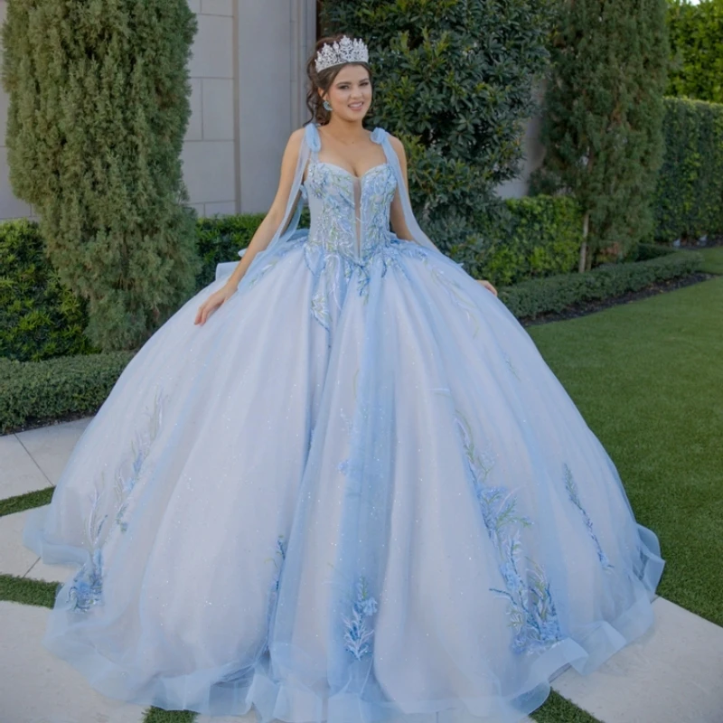 

Sky Blue Shiny Ball Gown Quinceanera Dresses Off The Shoulder Applique Lace Beading Crystal Bow Tull Party Birthday Sweet 16