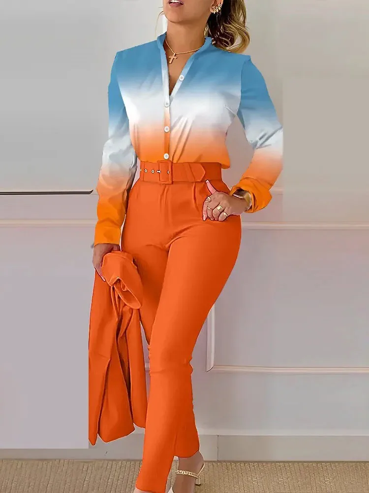 Camicia da donna primaverile 2 pezzi completi da abito camicia con stampa autunnale pantaloni con scollo a v manica lunga Top 2 pezzi completi da