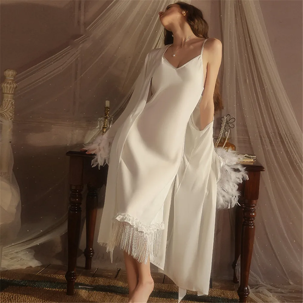 

Сексуальный длинный халат с перьями и кисточками по подолу, ночная рубашка, комплект из 2 предметов, элегантное кимоно из ледяного шелка, летняя женская одежда для сна, домашнее платье