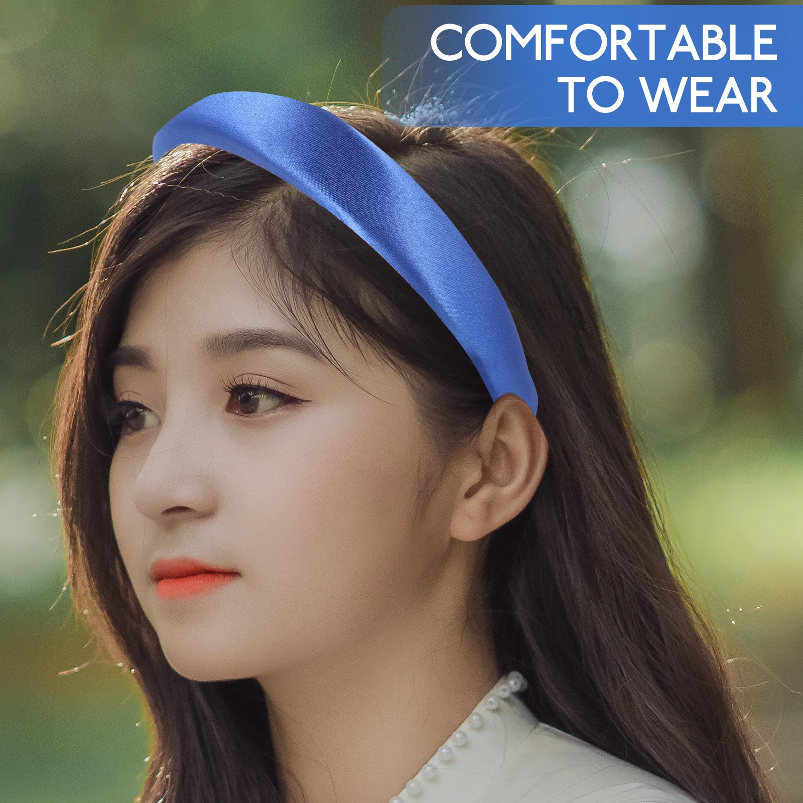

Blue Satin Padded Headband Thick Wide Sponge Hairband For Women Girls Nonslip Comfortable Daily Wear Travel