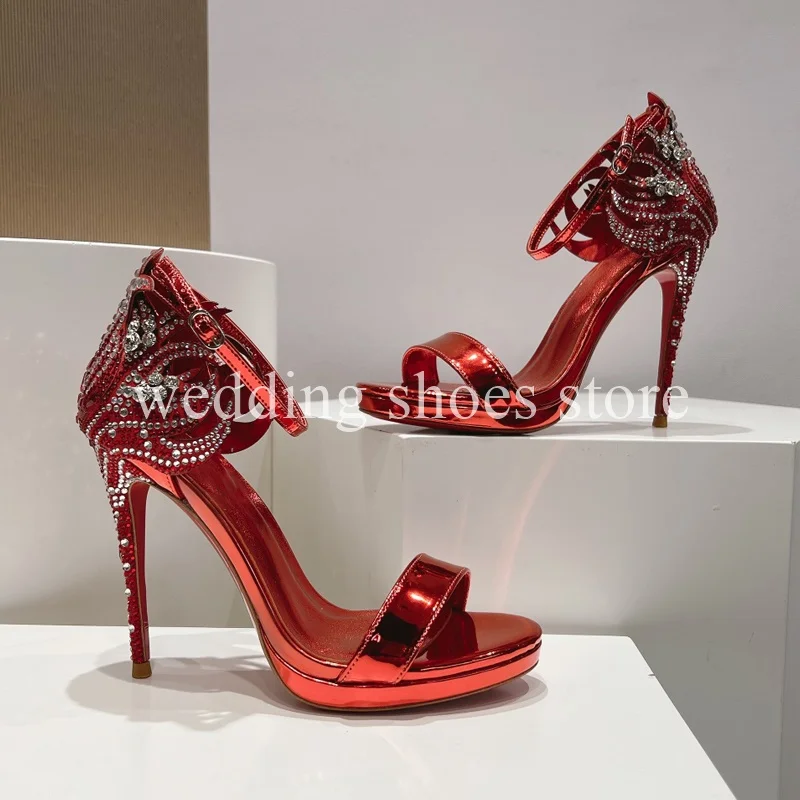 Rhinestone Peep-toe High Heels Crack Leather Stiletto Women Pumps Sexy Ankle Strap High Heels Weeding Party Prom Shoes 11.5CM