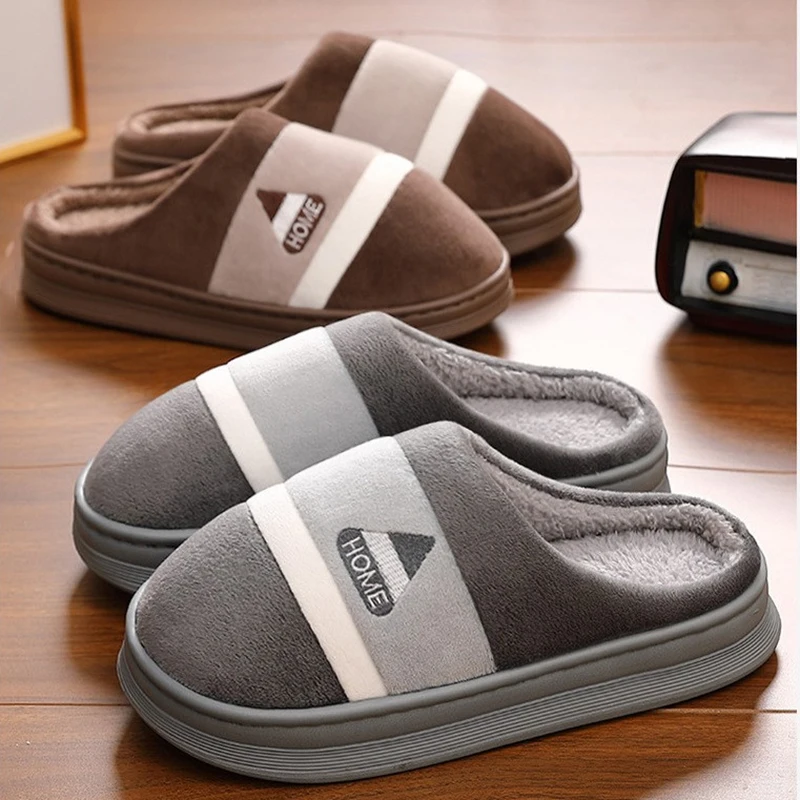 

Big Size 50 -51 Men Cotton Slippers Women Warm Shoes Winter Home Couples Thick Sole Slides Non-Slip Casual Plush Floor Flats