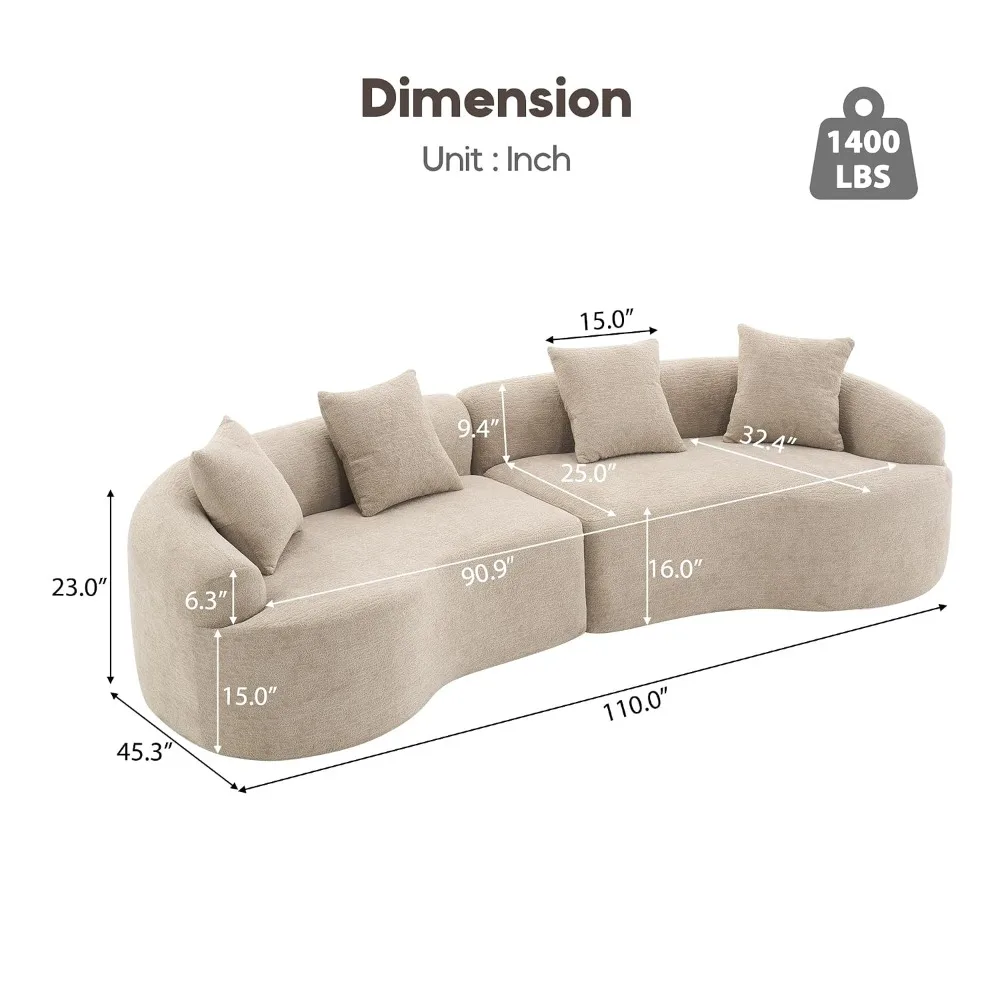110'' Modern Curved Sofa Sectional, Arc 4-Seater Foam Couch Compressed in-a-Box, Boneless Cloud Couch with, Custom