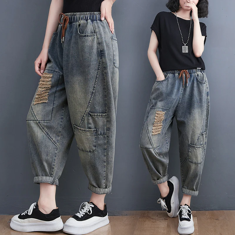 

plus Size Summer Thin Waed out Hole Denim Jeans Women's Elastic Waist Belted Slimming Harlan Nine Point Pants