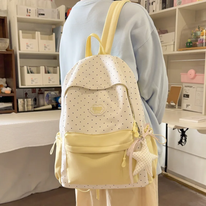 

Korean Style Dot School Backpack for Girls Juniors Lightweight Large Capacity Ins Fashion Campus Bookbag Casual Travel Rucksack
