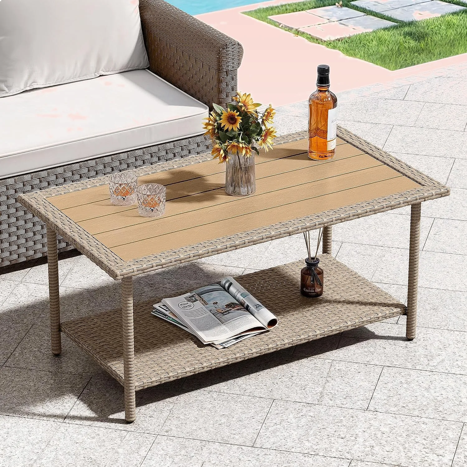 YITAHOME 39.4" Outdoor Wicker Coffee Table with Storage, 2 Tier Rectangle Patio Rattan Table