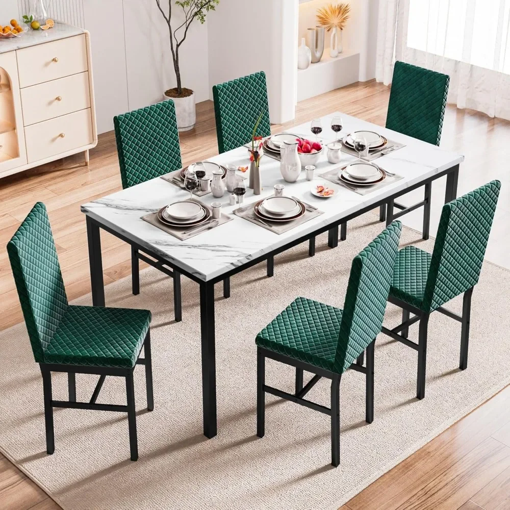 

7 Piece Dining Table Set for 6 with Chairs of Velvet Foam, Faux Marble Kitchen Dining Table Set for Small Space, Living Room,
