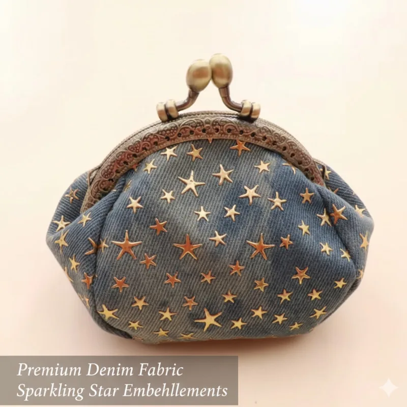 

Vintage Denim Y2K Star Wallet Cute Handmade Coin Purse Kiss Lock Clasp Card Holder Cash Lipstick Pouch Geometric Print Gift New