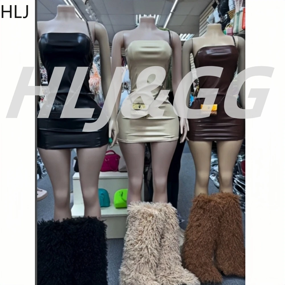 

HLJ Sexy Leather Bodycon Mini Dresses Women Off Shoulder Sleeveless Backless Slim Vestidos Fashion Solid Party Club Clothes 2025