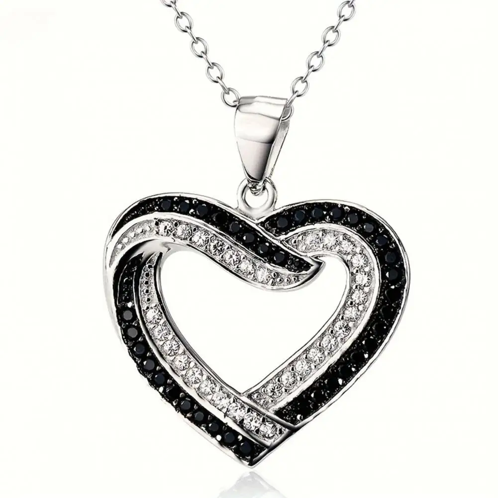 Heart Charm Jewelry Overlapping Hearts Jewelry Set with Black White Rhinestone Necklace Double Heart Pendant for Weddings