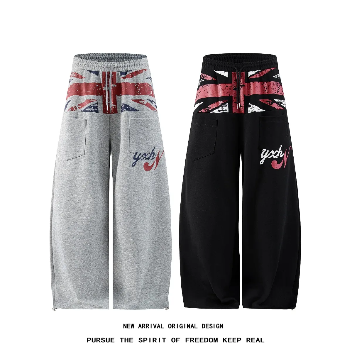 Retro Patchwork Loose Fit Straight Leg Casual Pants for Men with American Letter Print Drawstring Trousers Polyester Fiber