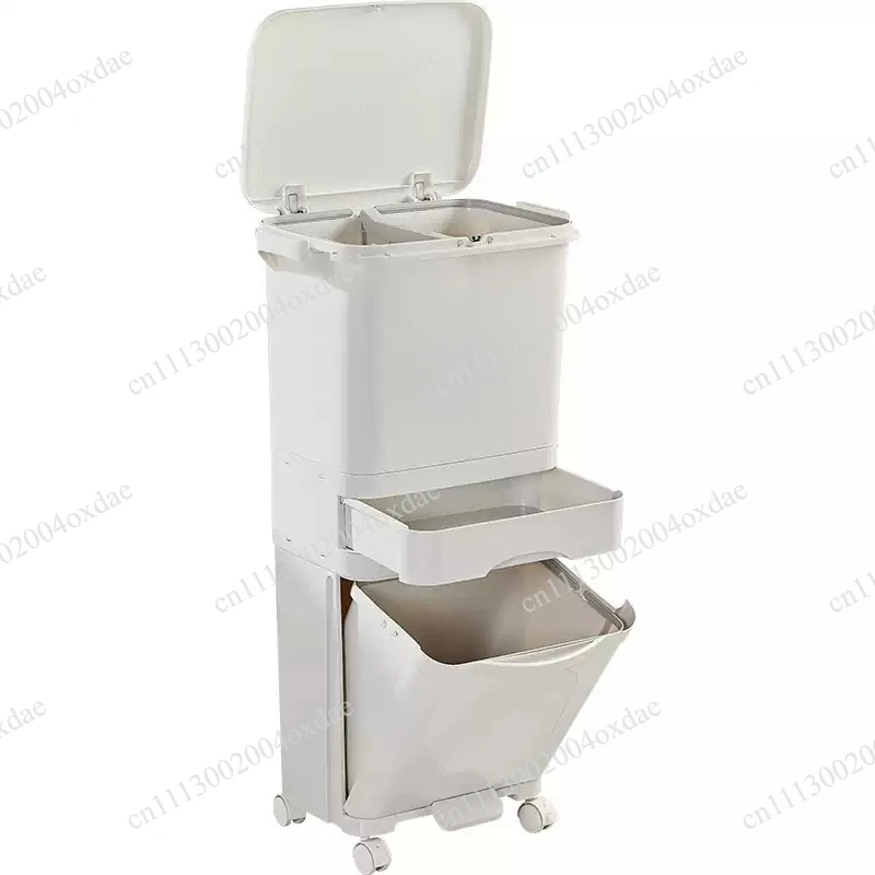 Double partition long tube bin with pulleys, dry-wet separation, simple sturdy design for daily kitchen waste sorting use