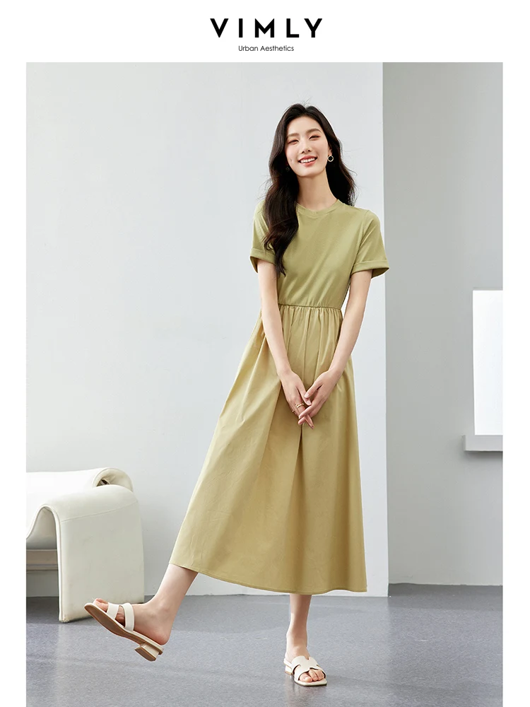 Vimly Women's Simple Elegant Spliced Short Sleeve A-line Dress Summer Solid Elastic Waist O-neck Business Casual Dresses