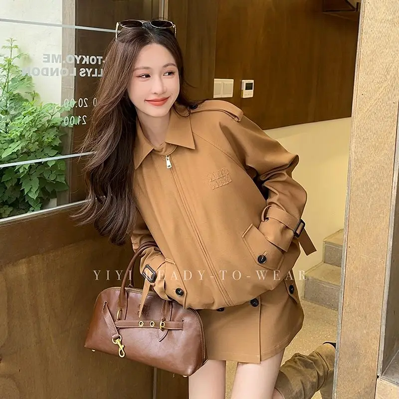 American Retro Suits Cool Casual Jacket Loose Windbreaker Top Short A-line Skirt Versatile Fashion Autumn Women's Two-piece Set