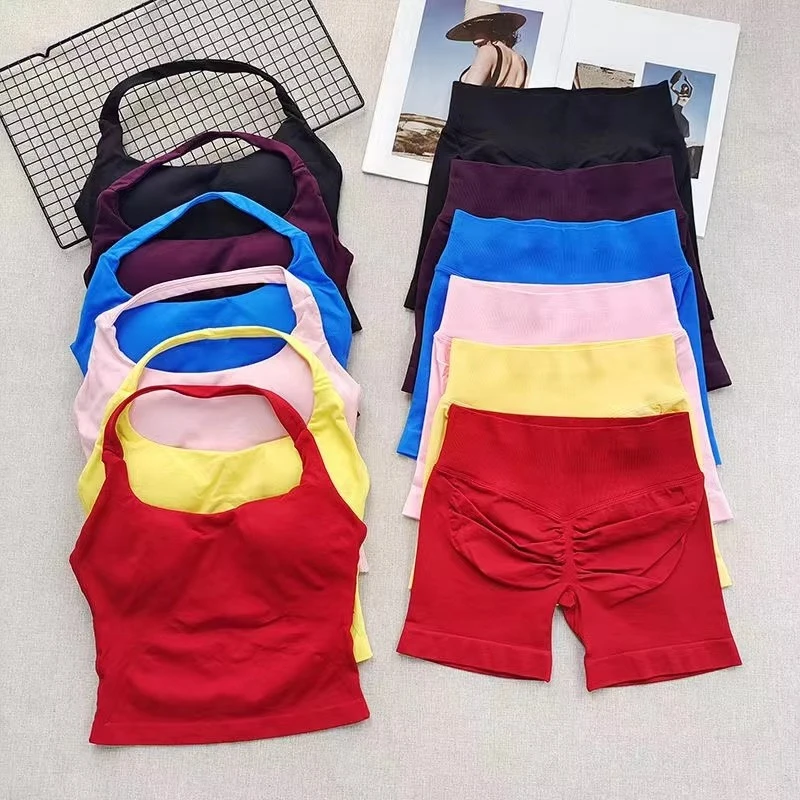 طقم علوي وسروال قصير للسيدات عالي التمدد يسمح بالتهوية في صالة الألعاب الرياضية واليوجا واللياقة البدنية ملابس نشطة ملابس علوية قصيرة