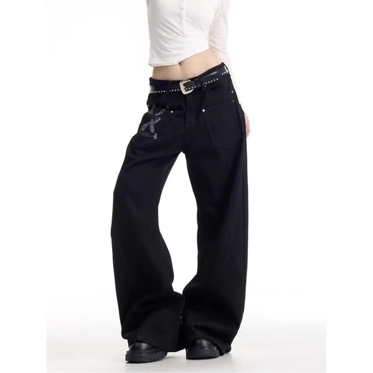 جينز أمريكي ريترو للرجال صيفي عصري ماركة رائعة وعصرية سراويل شارع متفجرة سراويل سوداء فضفاضة #5