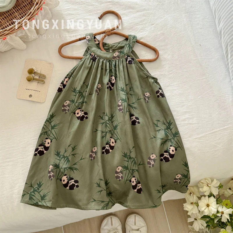 

Girls' Clothing Flying Sleeve National Style Panda Dress New Chinese Style Summer New Button Temperament Dress Summer Style