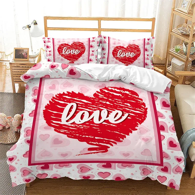 Love Heart Duvet Cover Pink Romantic Bedding Set Microfiber Comforter Cover For Girls Teen Couple Valentine's Day Wedding Decor