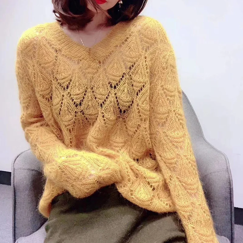 V-neck Sweater Women Take Knit Sweater Tops Lazy Wind Bottoming Spring and Fall New Loose Hollow Diamond Grid Sexy