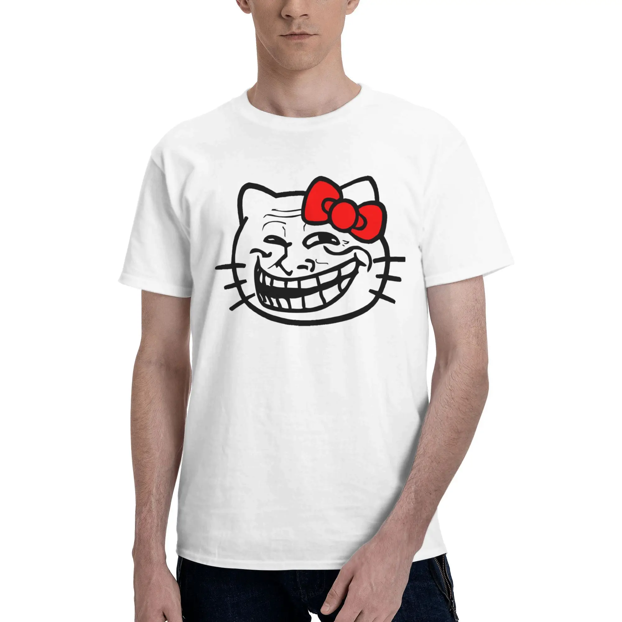 

Troll Face Hello Kitty T Shirts Men Cotton Leisure T-Shirt Crewneck Tees Short Sleeve Clothes Graphic Printed