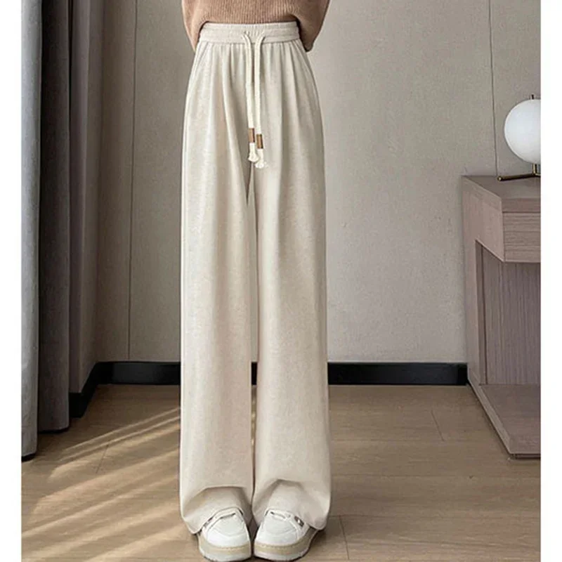 Autumn Women Cotton Elastic High Waisted Sweatpants Lady Solid Leisure Daily Wide Leg Straight Leg Trousers