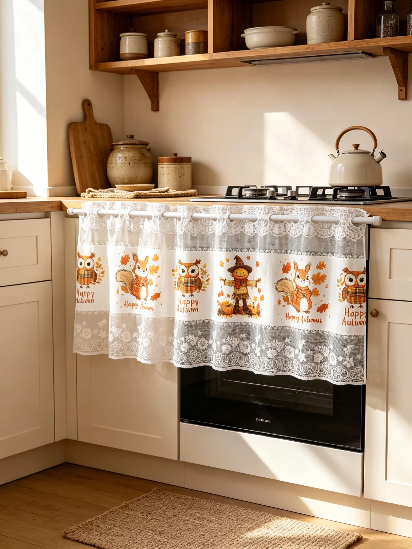 1PC Autumn Harvest Lace Kitchen Tier Curtain, Cute Owl Squirrel Scarecrow Print Sheer Cafe Short Curtain Rod Pocket Window Valan