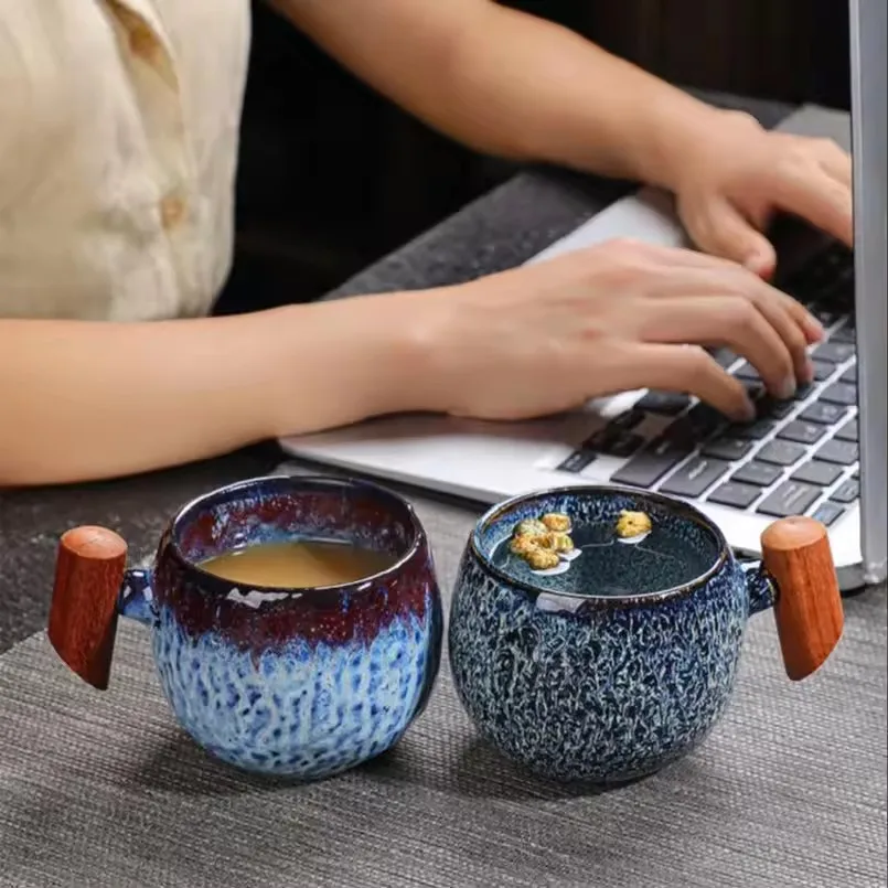 

1pcs Creative Retro Heavy Coarse Clay Mug 220ml Ceramic Kiln Transmutation Tea Coffee Cup Wooden Bar