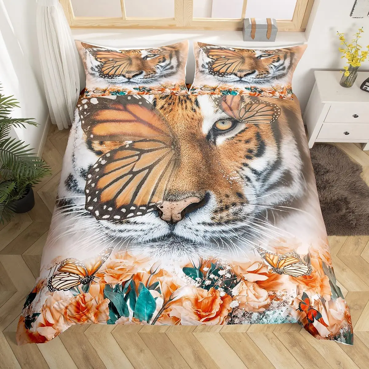 Tiger Wild Animals Duvet Cover Set King Of The Forest Pattern Polyester Comforter Cover King Queen Full Size For Kids Boys Girls