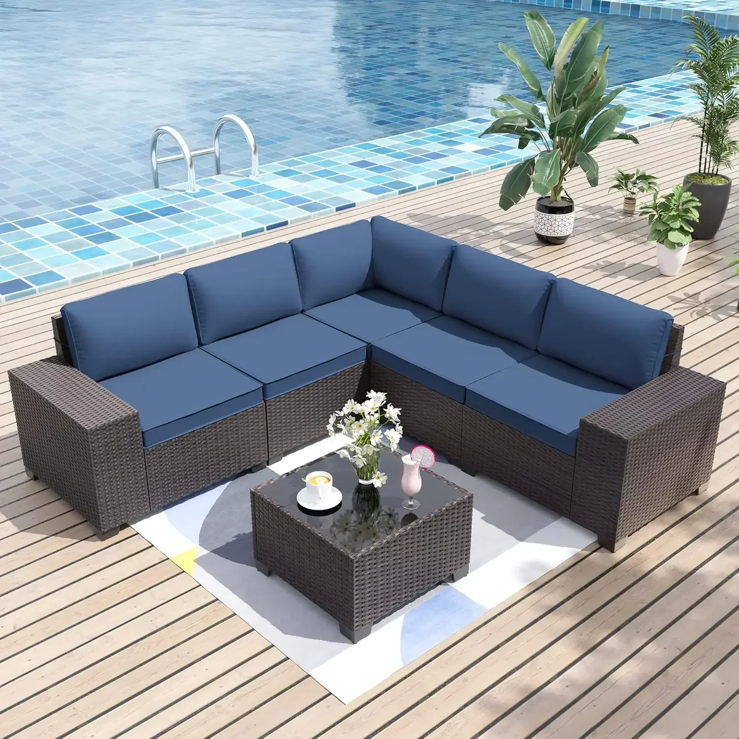 6 Pieces Patio Sectional Outdoor Furniture Sofa Chairs Set All Weather PE Rattan Wicker Couch Conversation Set with 5 Navy Blue