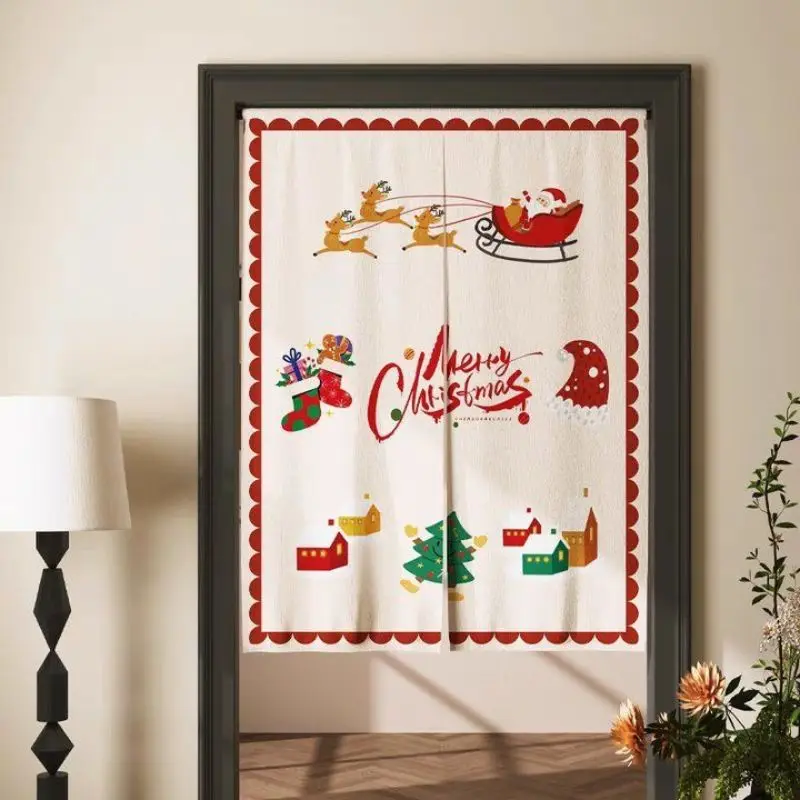 VIKAMA Christmas Santa Sleigh Reindeer Door Curtain Beige Red Trim Merry Xmas Stocking House Tree Bedroom Living Room Dorm Home