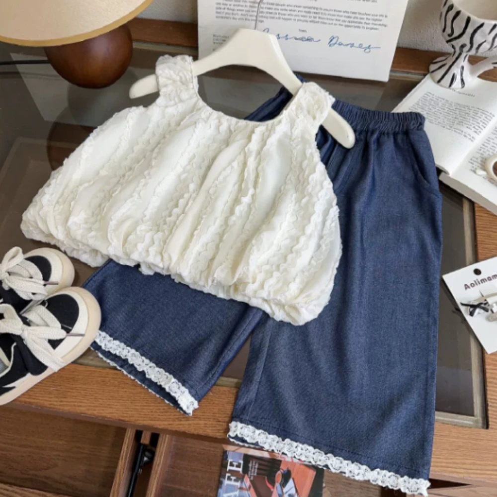 

Летний новый модный повседневный костюм для девочек: топ без рукавов с круглым вырезом и широкие брюки, комплект из двух предметов, для возраста 3-7 лет