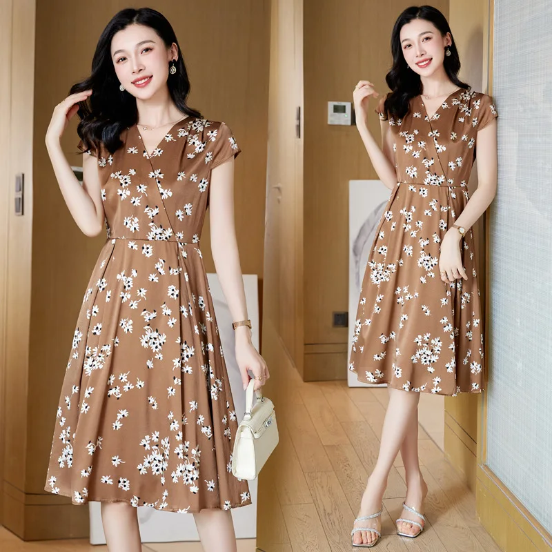 

V-neck elegant intellectual all-match fashion silk dress