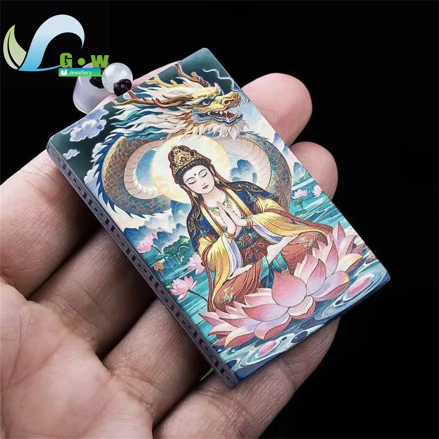 Natural Grade A Jadeite High Ice Old Material Guanyin Plaque Pendant Hanging Necklace Unisex Fine Art Printing Gemstone Jewelry