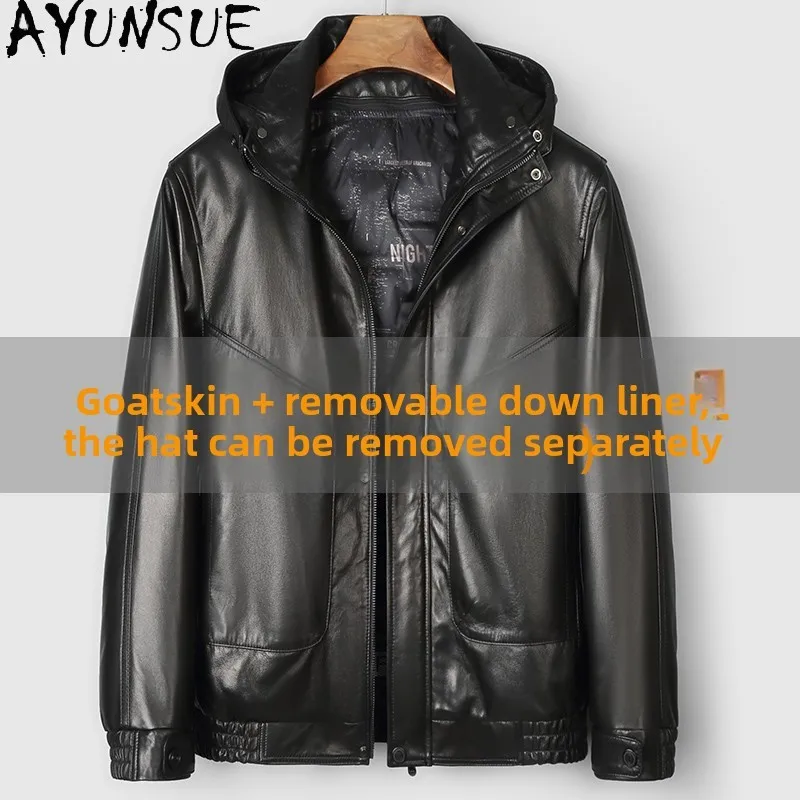 

AYUNSUE Natural Goatskin 100% Genuine Leather Down Jacket Men Hooded Winter Casual Detachable Goose Down Liner Puffer Coat 2026